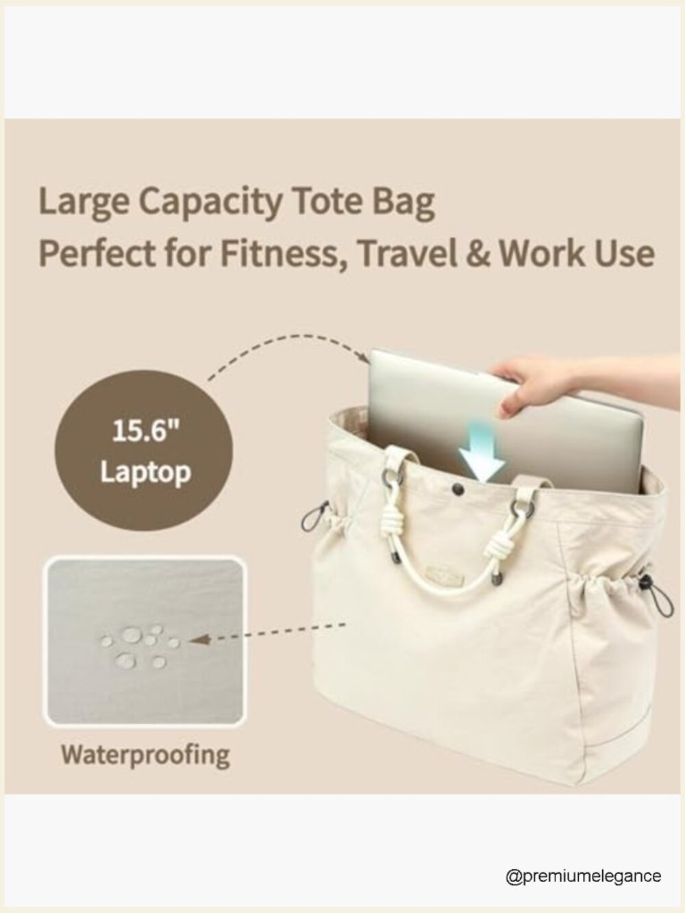 Lightweight Nylon Tote Bag 17.6L Large Capacity Laptop Bag Travel Work Gym - Picture 3 of 7